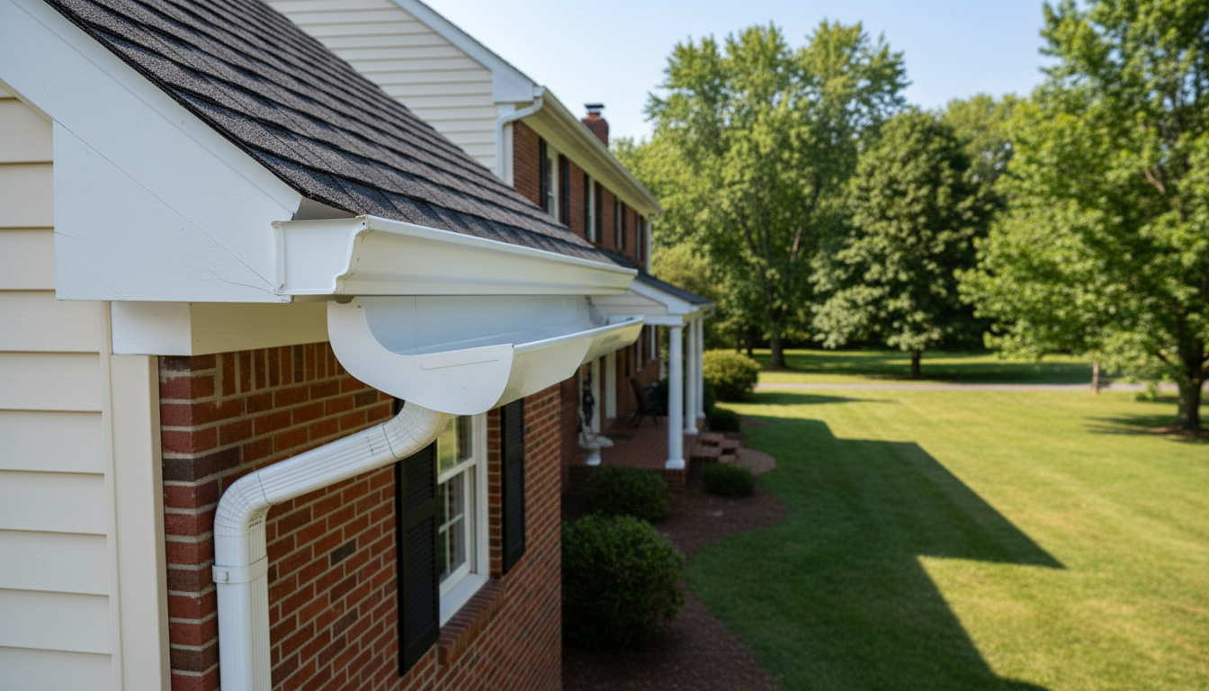 White gutters and downspout on a brick and siding house with a grassy yard and trees.