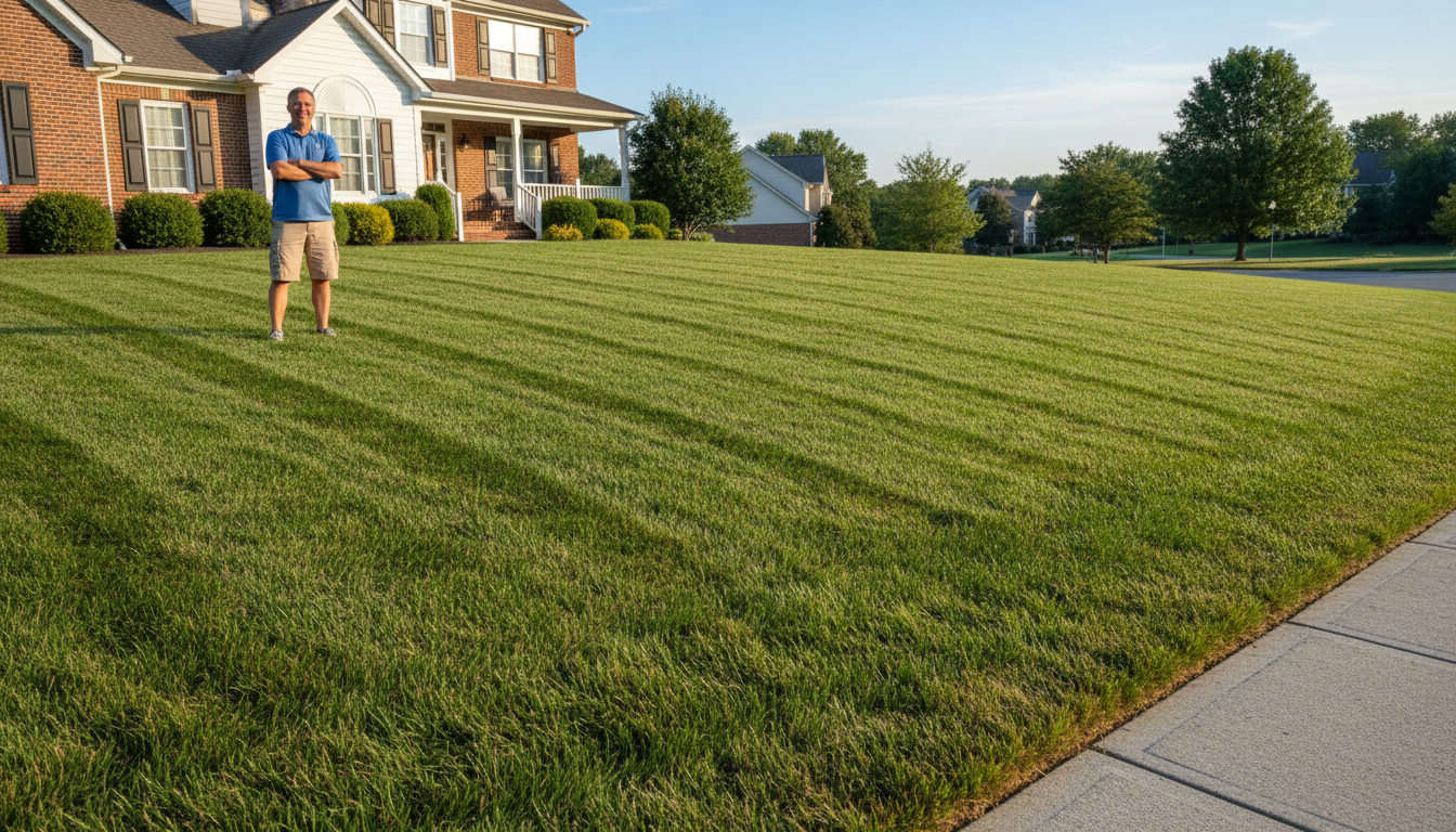 Man standing on a well-manicured lawn in front of a house. The lawn has striped patterns.