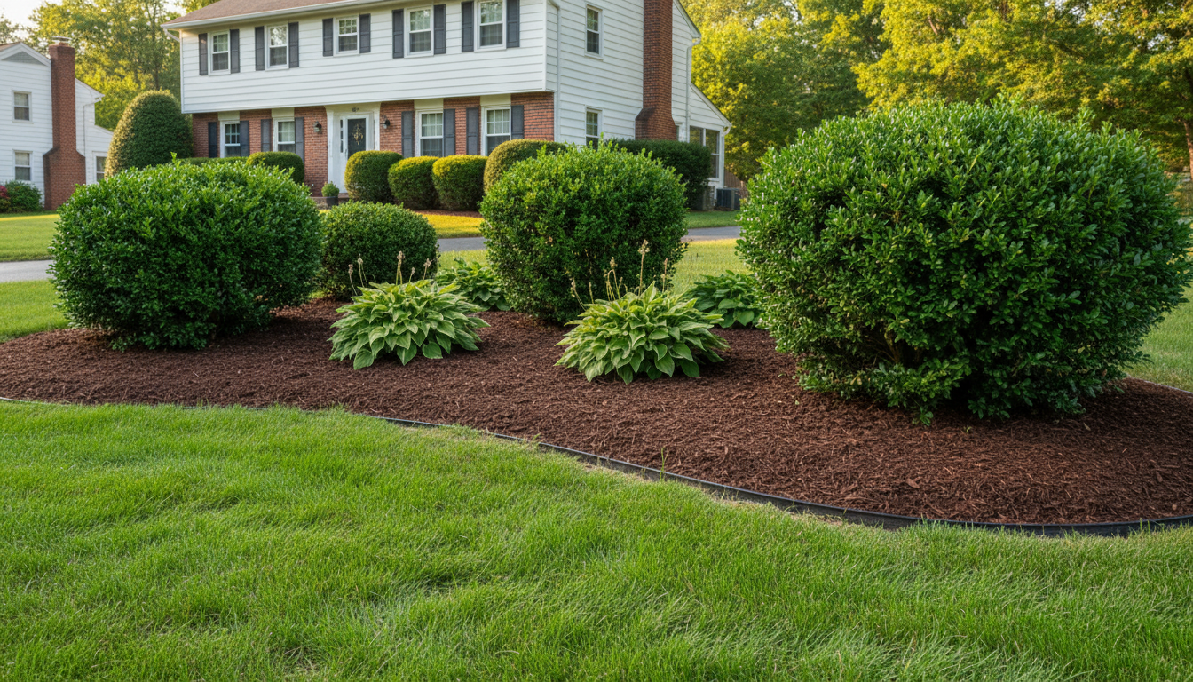 A well-landscaped front yard featuring round green bushes and green hostas,.
