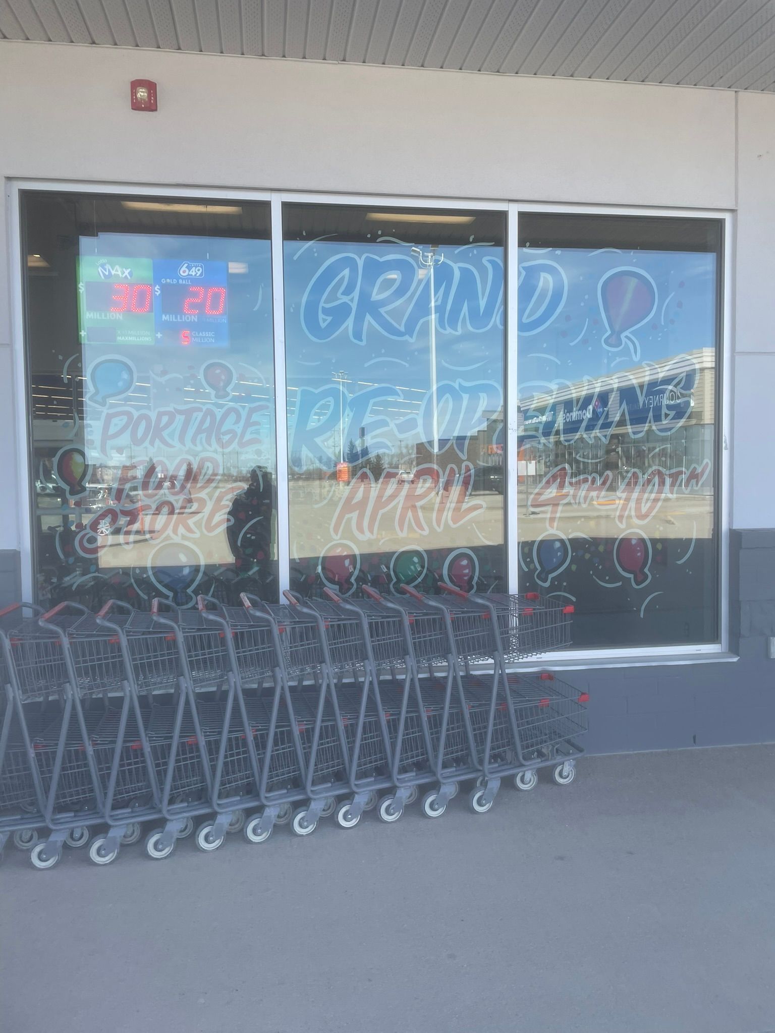 A row of shopping carts are parked in front of a store.