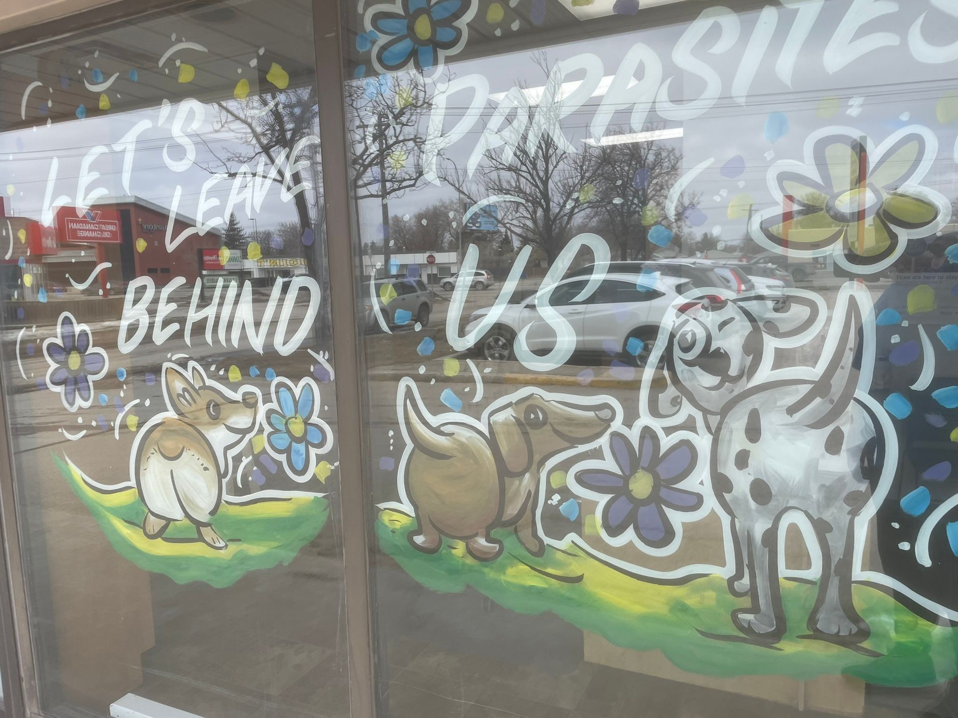 A window with a drawing of a dog and a mouse and the words let 's learn behind us