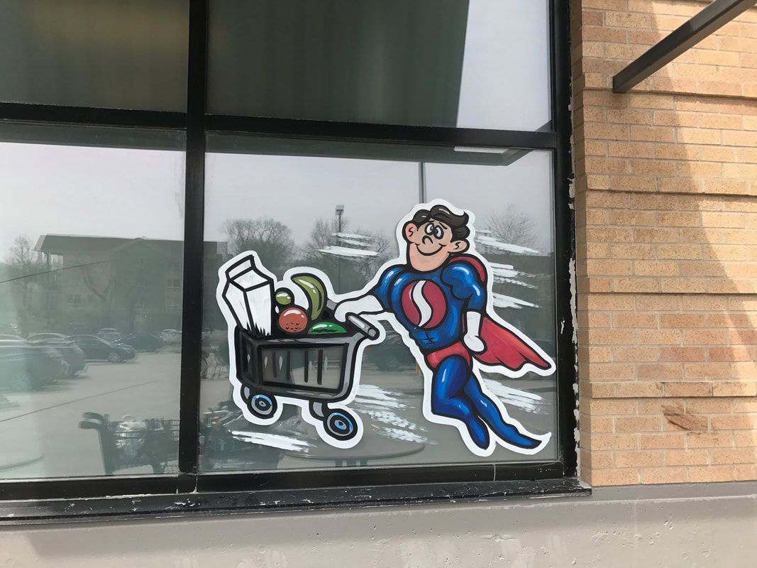 A cartoon of a superhero pushing a shopping cart full of groceries.