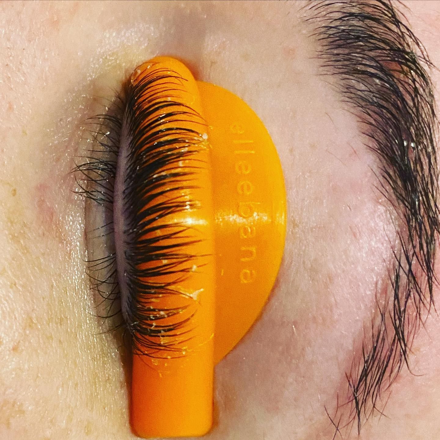 Orange Lash Lift Tool Holding up Eyelashes Near a Brow — Soul Good Beauty in Miami, QLD