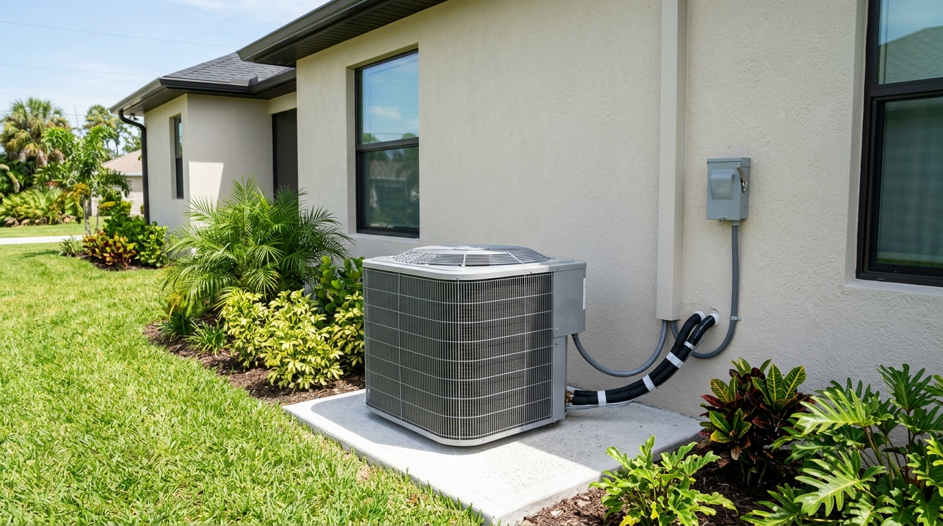Outdoor HVAC unit beside a beige house wall and window, with landscaping and grass around it
