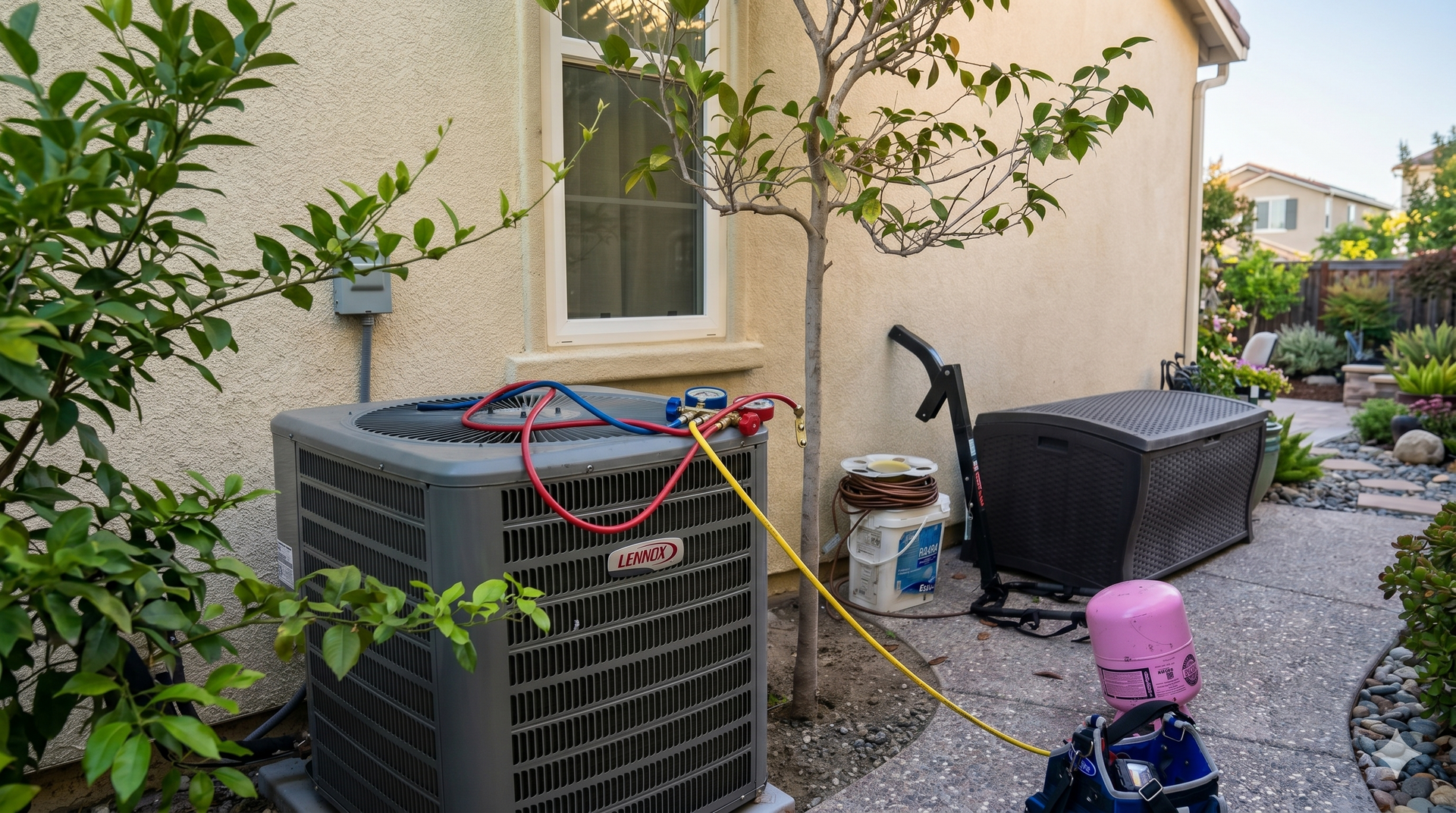Backyard HVAC units beside a house, with hoses and tools around them