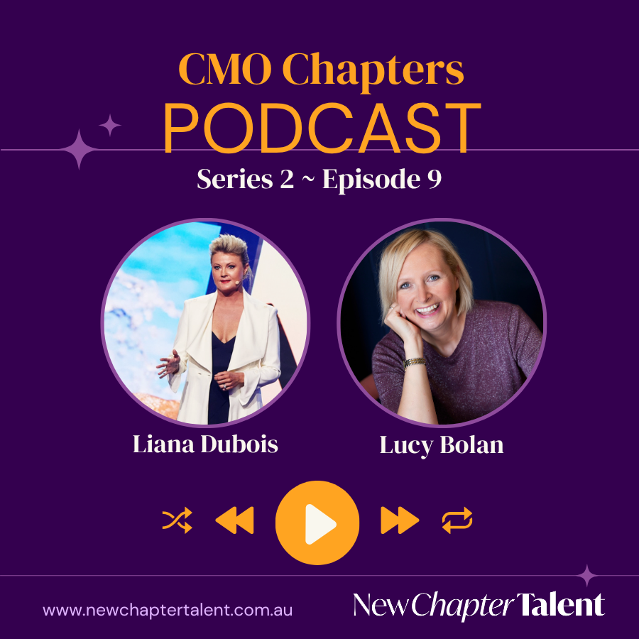 Podcast cover art featuring Liana Dubois and Lucy Bolan, purple background, and New Chapter Talent logo.