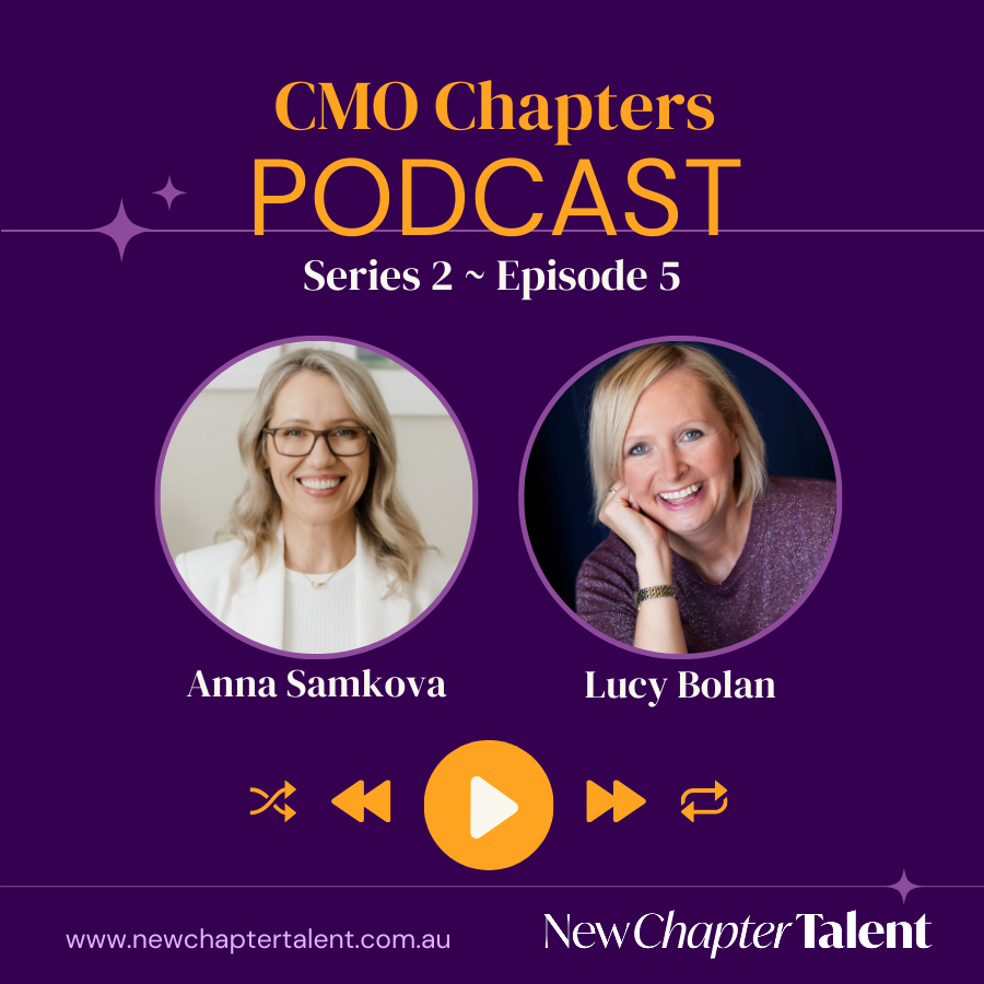 Podcast cover art: Two women, Anna Samkova and Lucy Bolan. Purple background, podcast title, and logo.