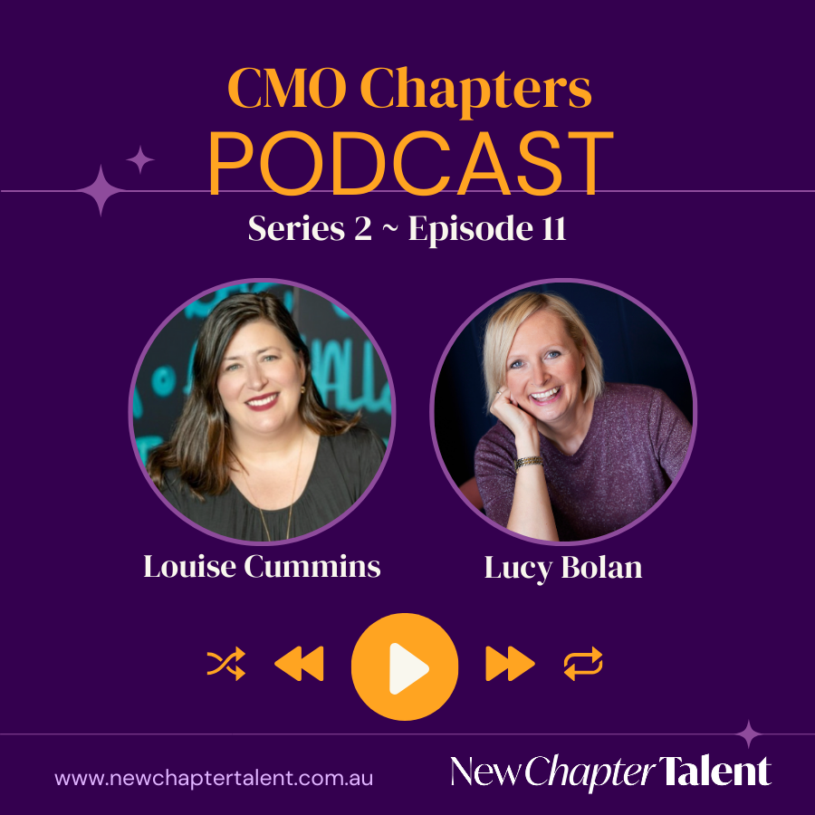 Podcast episode graphic featuring two women, Louise Cummins and Lucy Bolan, on a purple background.