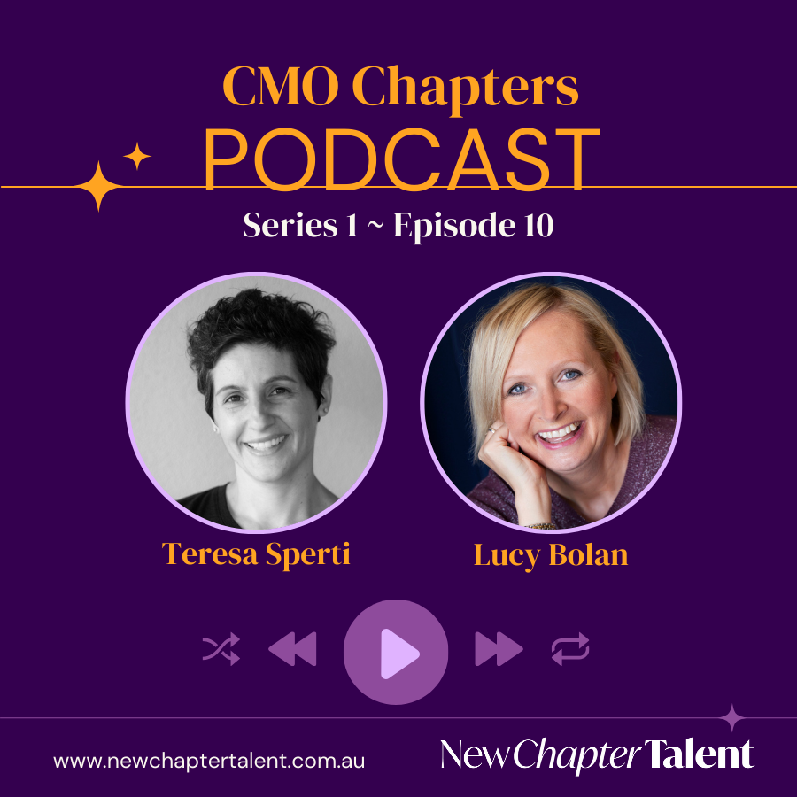 Podcast cover: Two women, Teresa Sperti and Lucy Bolan. Purple background with podcast title and branding.