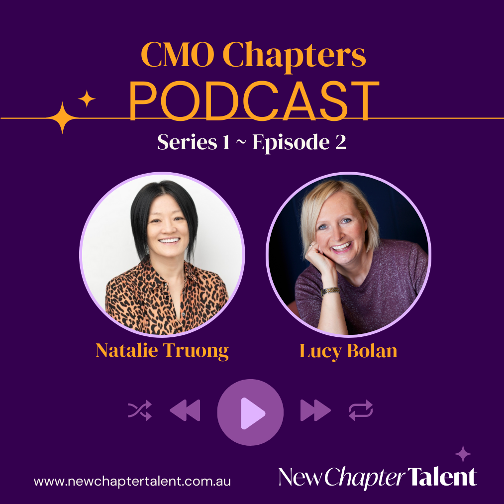Podcast cover art featuring Natalie Truong and Lucy Bolan. Purple background with text and podcast controls.