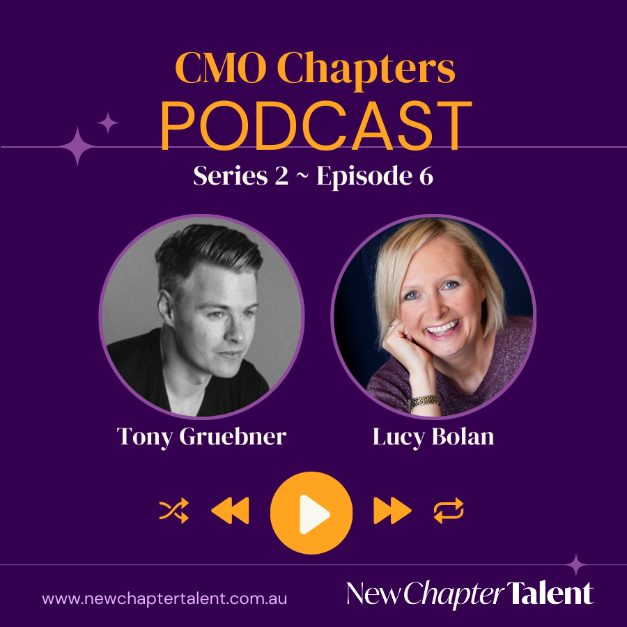 Podcast cover featuring Tony Gruebner and Lucy Bolan. Purple background, New Chapter Talent logo.