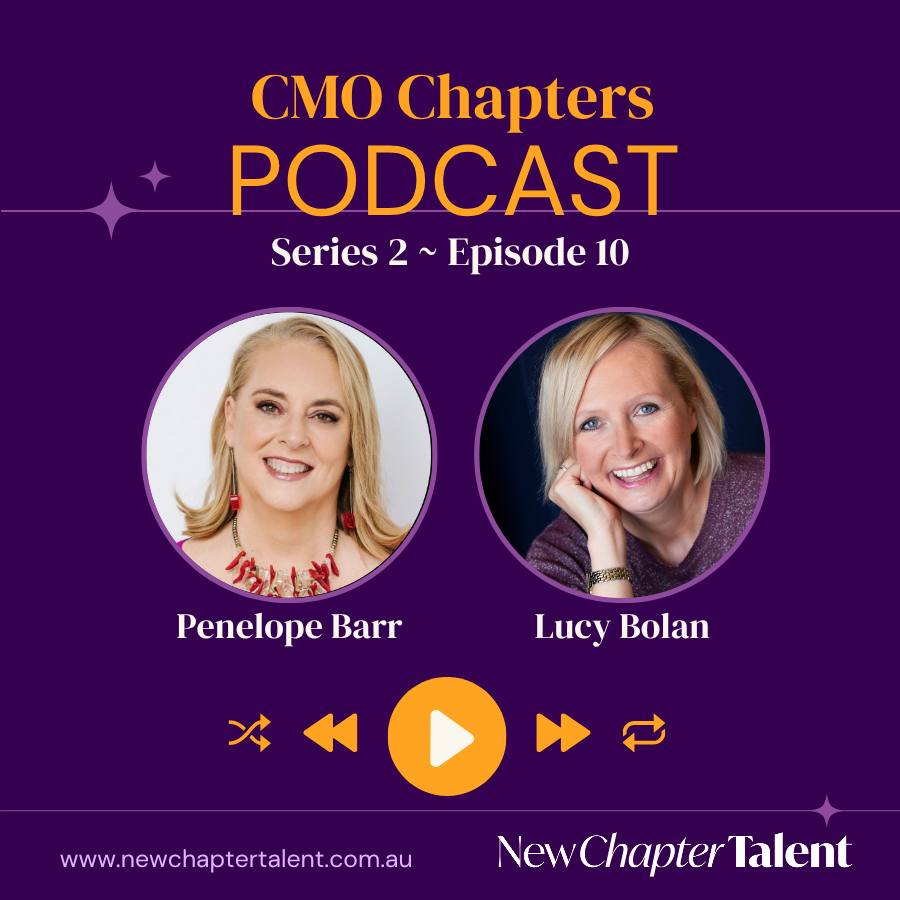 Podcast cover: Penelope Barr and Lucy Bolan. Purple background, podcast title, series/episode info, and New Chapter Talent logo.