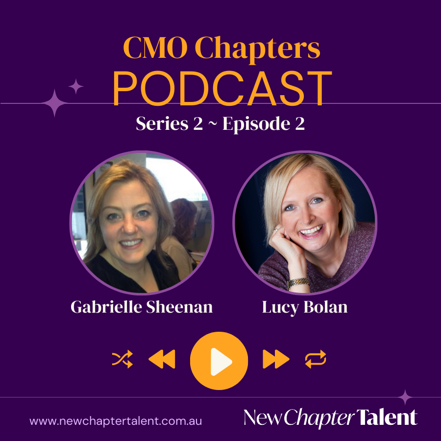 Podcast cover: CMO Chapters series 2, episode 2, featuring Gabrielle Sheenan and Lucy Bolan. Purple background.