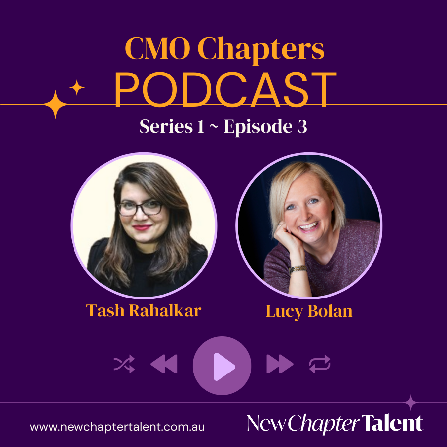 Podcast cover with two women, Tash Rahalkar and Lucy Bolan, against a purple background.