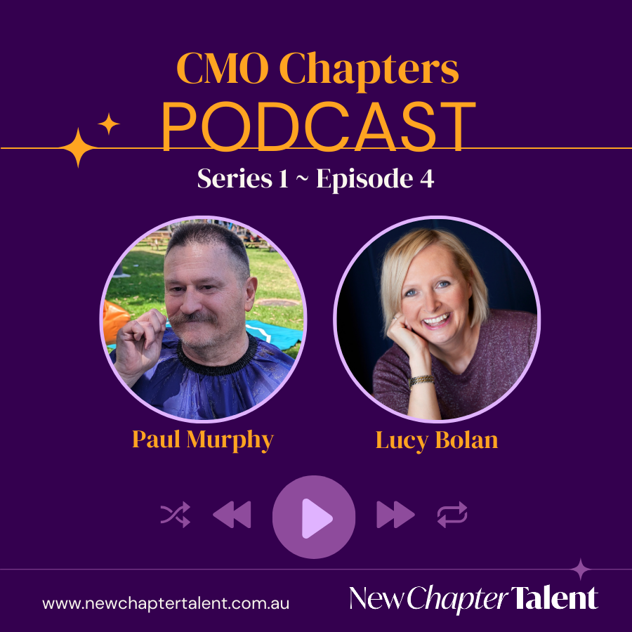 Podcast graphic featuring Paul Murphy and Lucy Bolan. Purple background with text and podcast logo.