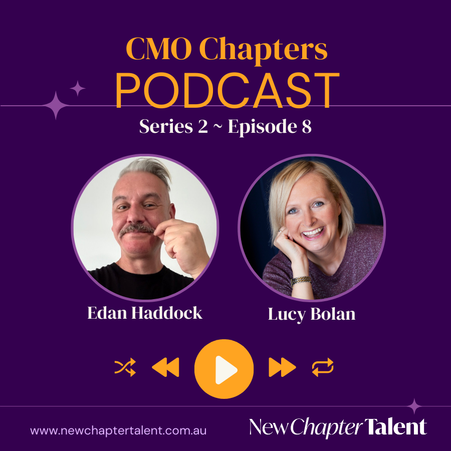 Podcast cover: Edan Haddock and Lucy Bolan. Purple background with podcast title and logo.