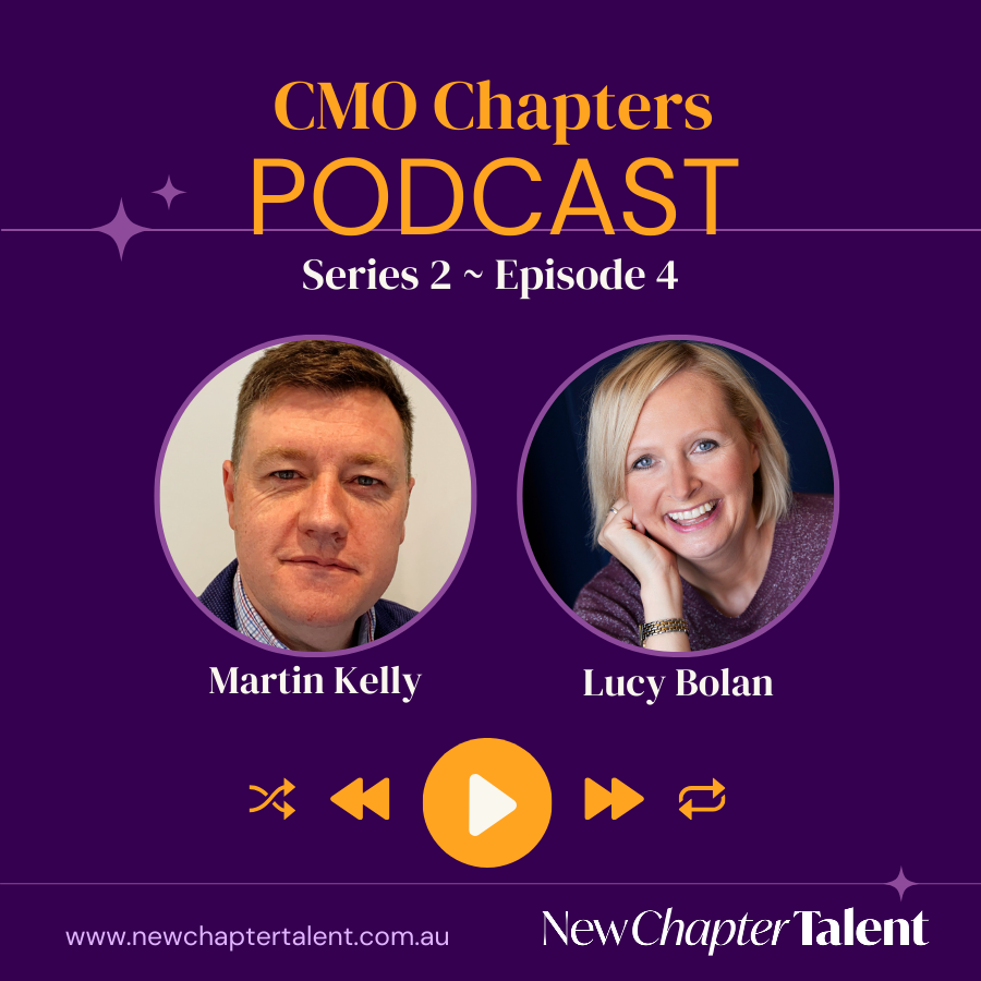 Podcast graphic with headshots of Martin Kelly and Lucy Bolan; purple background; audio controls.