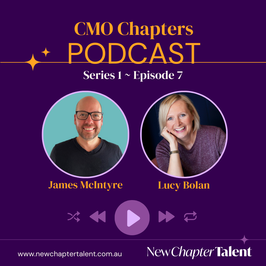 Podcast cover art: James McIntyre and Lucy Bolan. Purple background with podcast title and New Chapter Talent logo.
