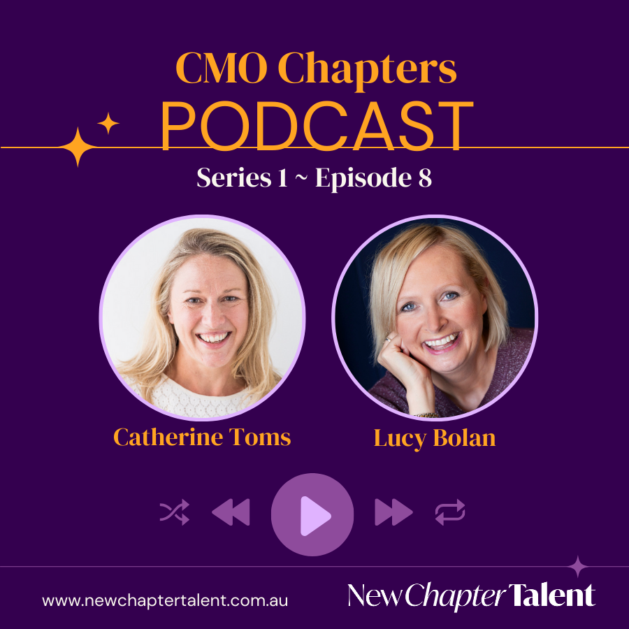Podcast cover with Catherine Toms and Lucy Bolan. Purple background, New Chapter Talent logo.