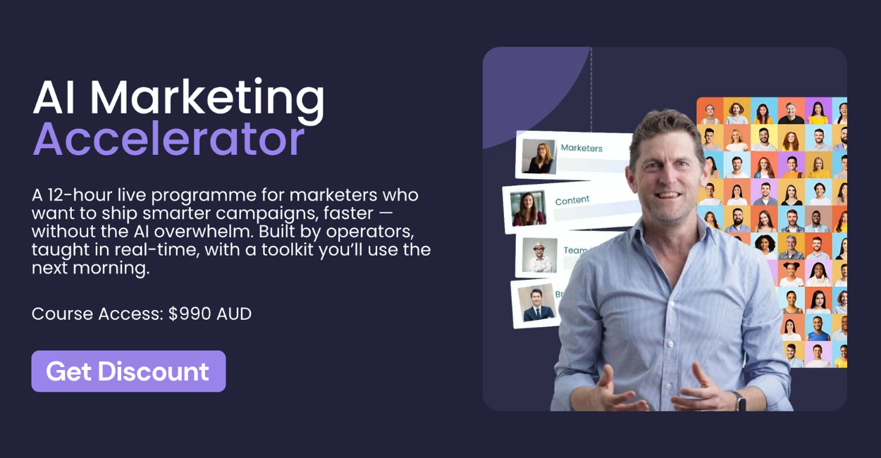 AI Marketing Accelerator promo with a man speaking beside a purple discount offer card