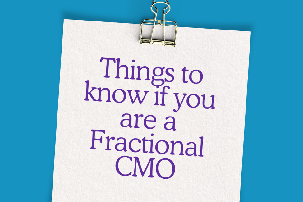 White notepad on blue background with clipped title: “Things to know if you are a Fractional CMO”