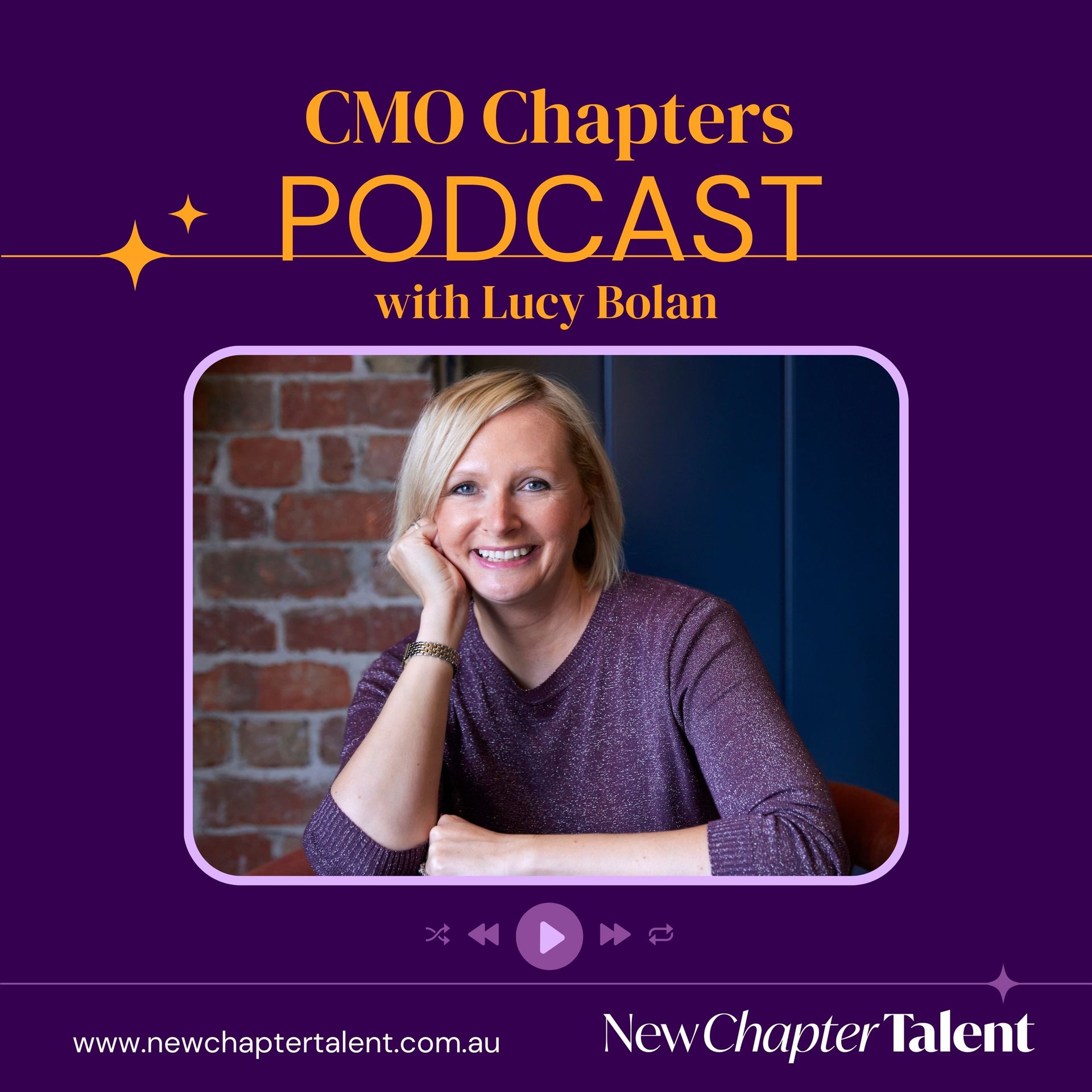 Podcast cover: Lucy Bolan smiling, purple background, “CMO Chapters Podcast” title.