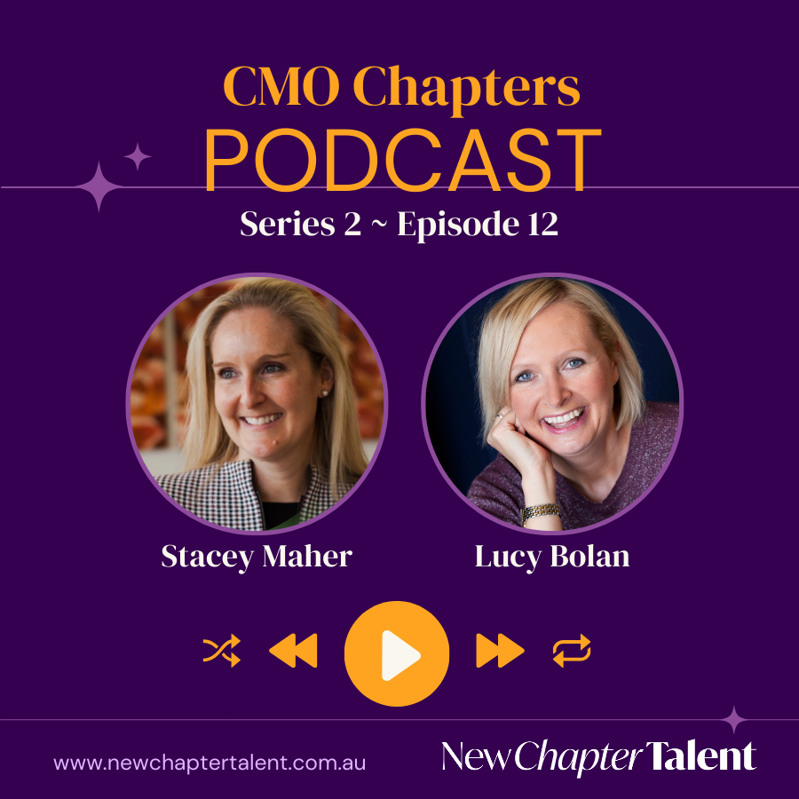 Podcast cover art: Stacey Maher and Lucy Bolan. Purple background with podcast title and New Chapter Talent logo.