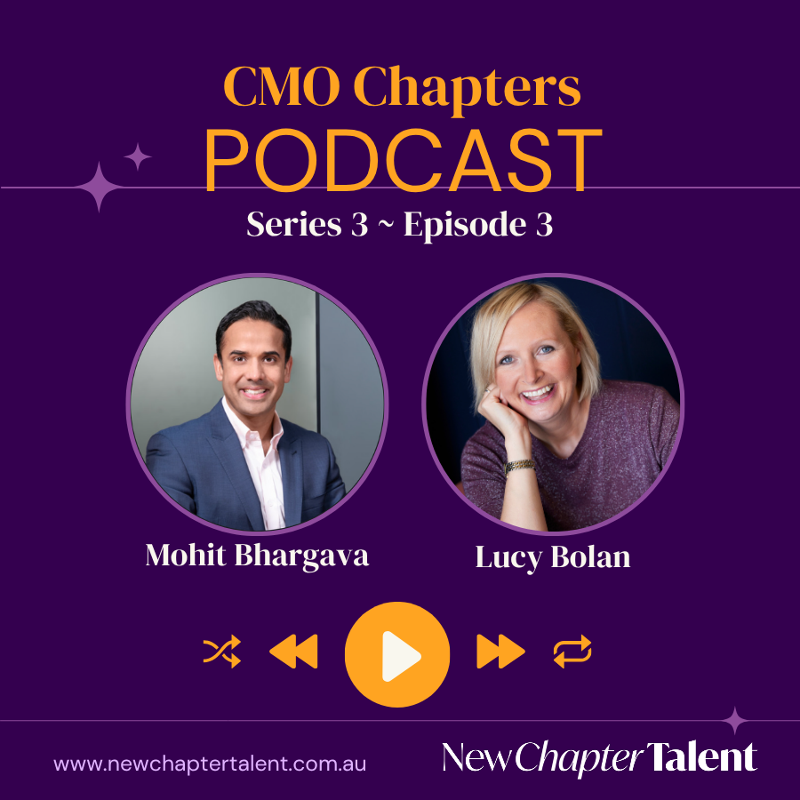 CMO Chapters podcast promo with portraits of Jarrod Purchase and Lucy Bolan on a purple background