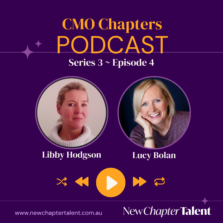 CMO Chapters podcast promo with portraits of Jarrod Purchase and Lucy Bolan on a purple background