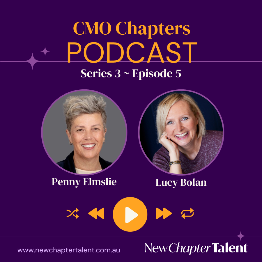 CMO Chapters podcast promo with portraits of Jarrod Purchase and Lucy Bolan on a purple background