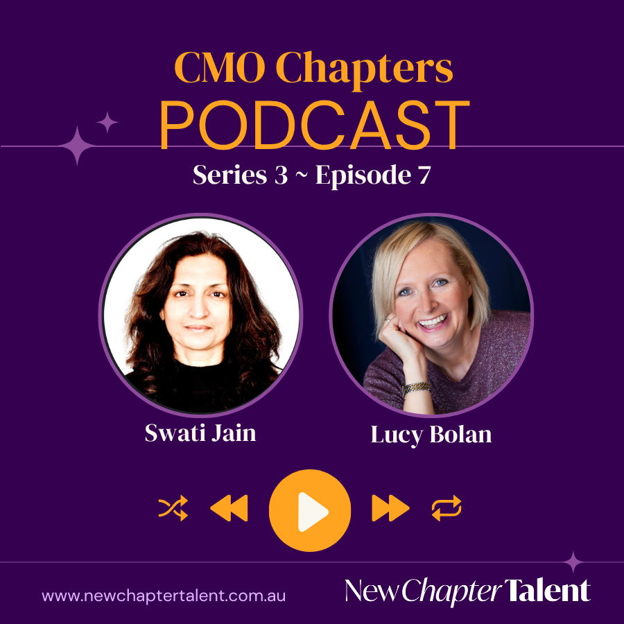 CMO Chapters podcast promo with portraits of Jarrod Purchase and Lucy Bolan on a purple background