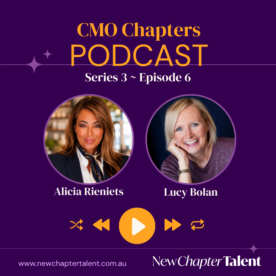 CMO Chapters podcast promo with portraits of Jarrod Purchase and Lucy Bolan on a purple background