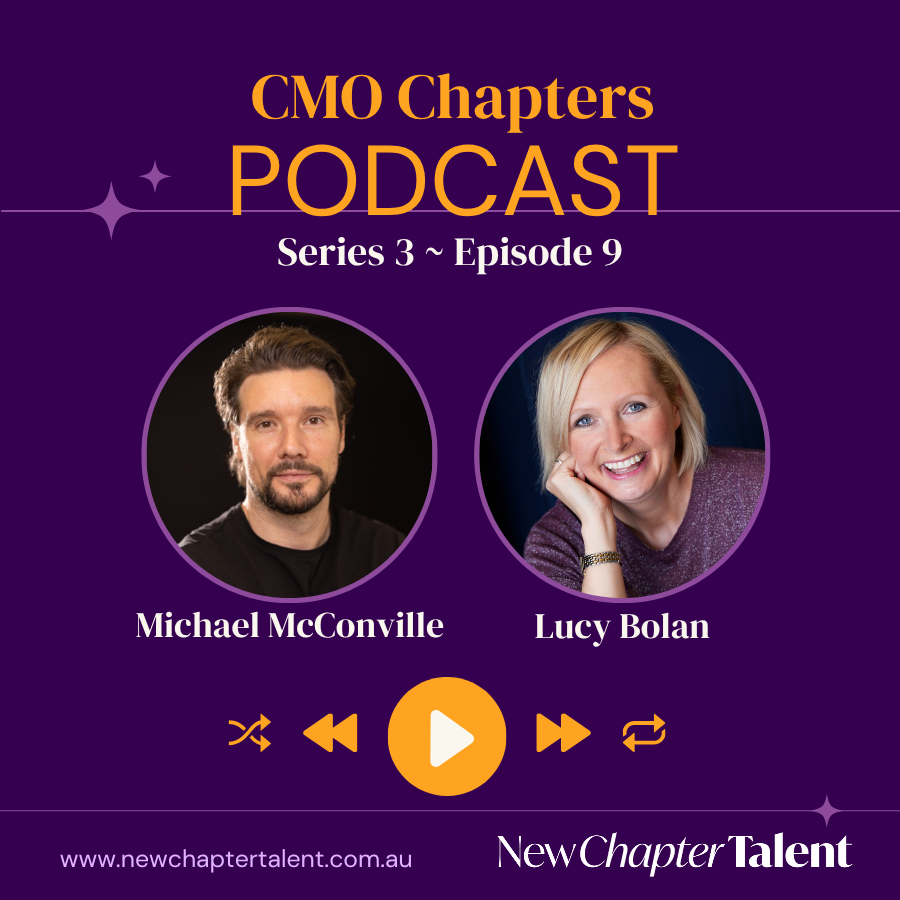 CMO Chapters podcast promo with portraits of Jarrod Purchase and Lucy Bolan on a purple background