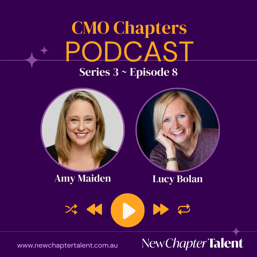 CMO Chapters podcast promo with portraits of Jarrod Purchase and Lucy Bolan on a purple background