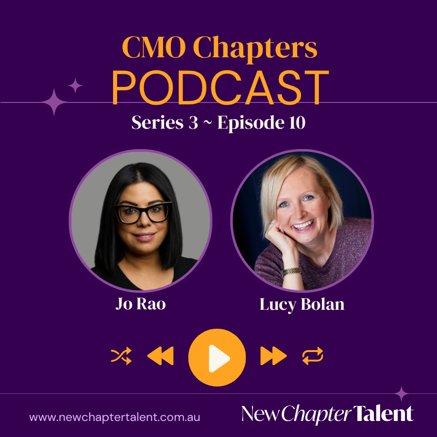 CMO Chapters podcast promo with portraits of Jarrod Purchase and Lucy Bolan on a purple background