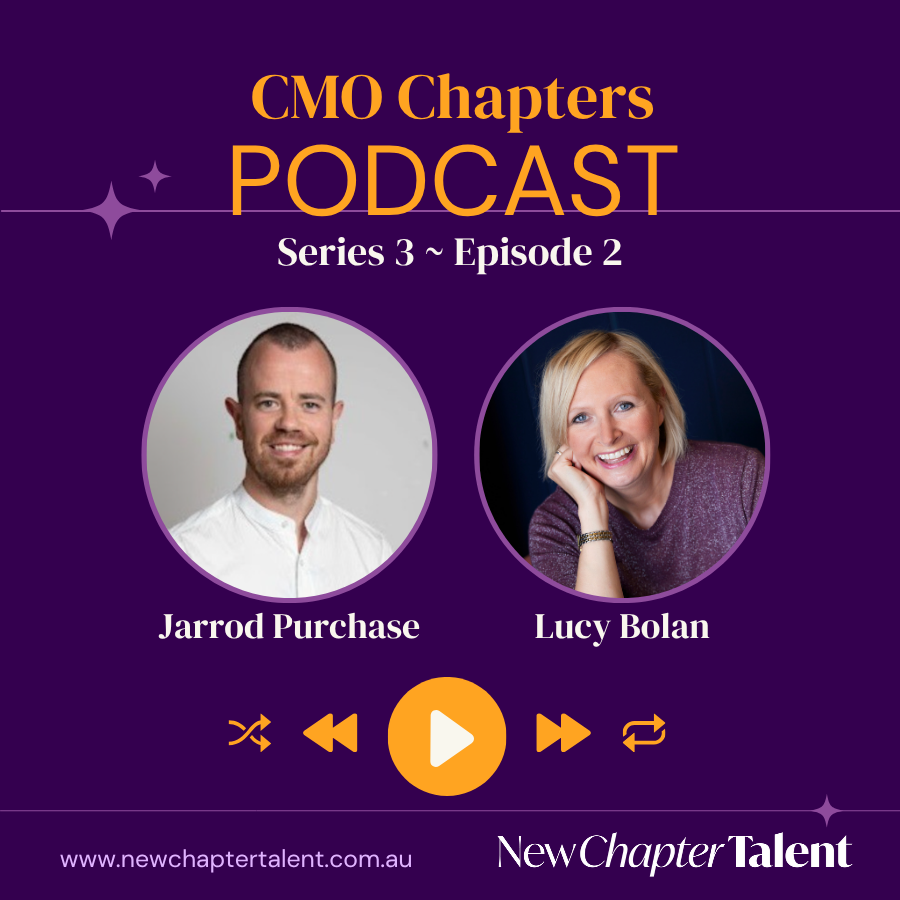 CMO Chapters podcast promo with portraits of Jarrod Purchase and Lucy Bolan on a purple background