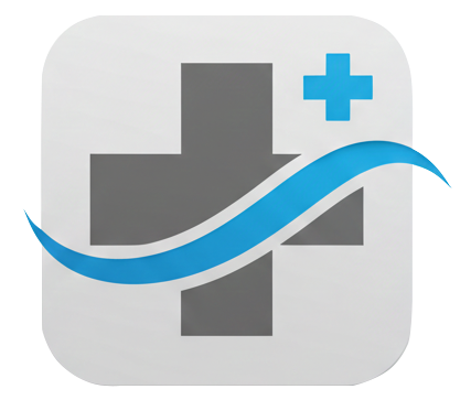 Gray cross symbol with a blue plus and curved line.