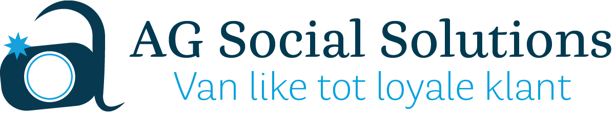 Home Logo van AG Social Solutions, met Beeldmerk en pay-off (Van like tot loyale klant)