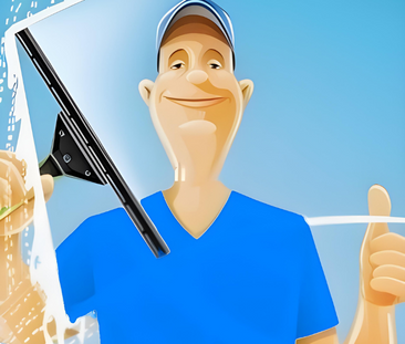 a man is cleaning a window with a squeegee and giving a thumbs up .