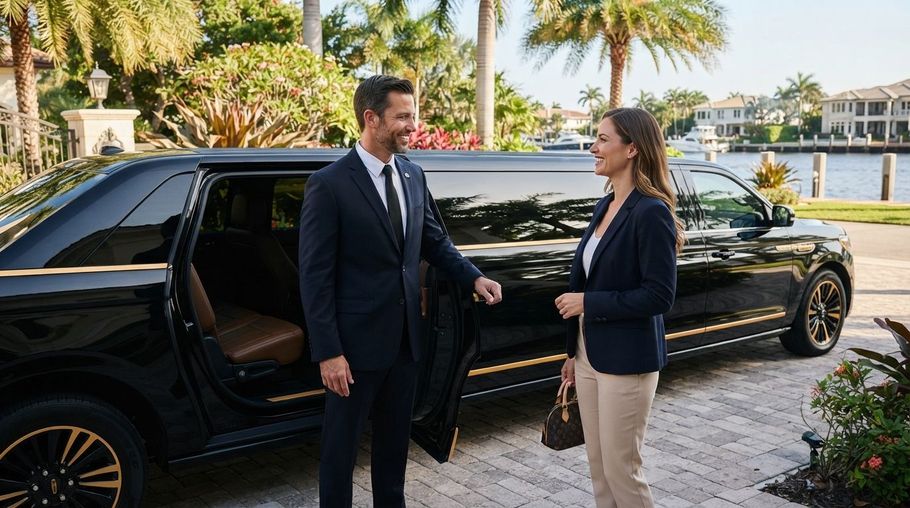 Two businesspeople stand beside a black limousine by a waterfront lined with palm trees.