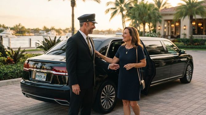 Man in black suit and woman in navy dress standing by a black limousine at sunset