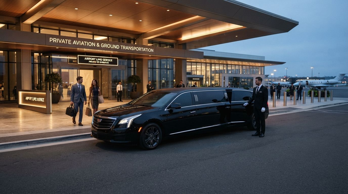 Black sedan parked at an airport curb with travelers and staff outside the terminal at dusk