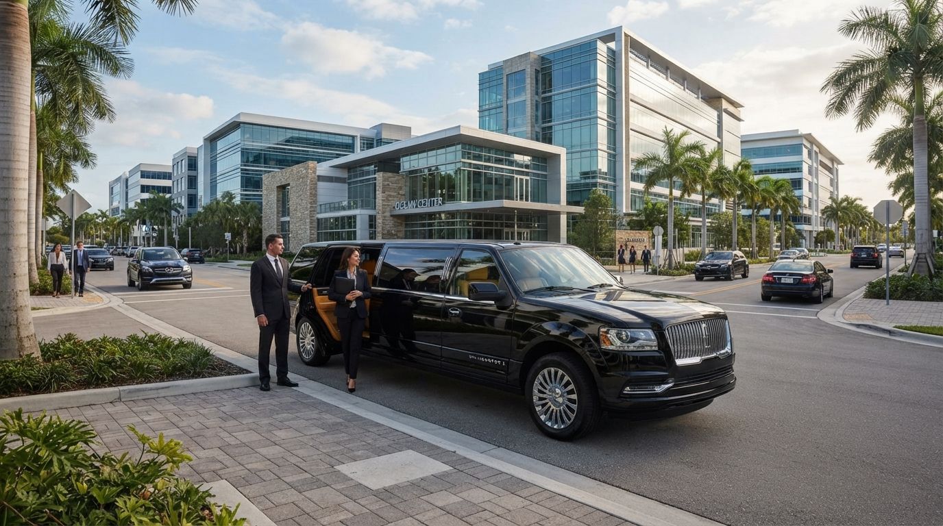 Black SUV with open door outside a modern glass office building, with two people standing nearby.