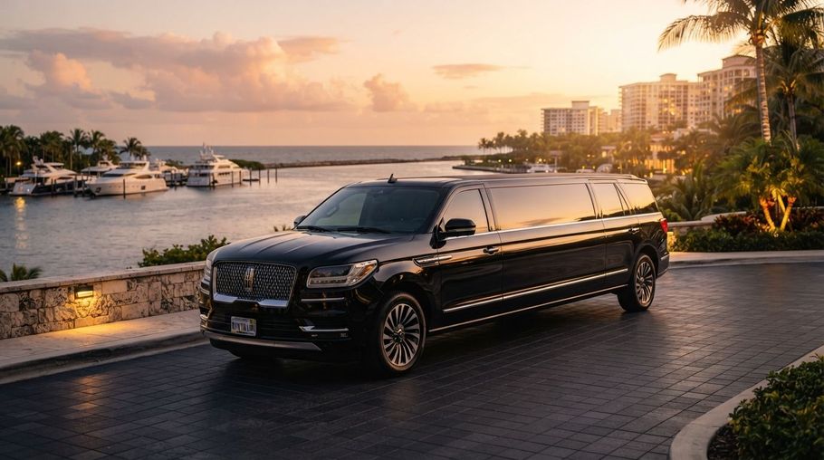 Black luxury SUV parked by a waterfront at sunset, with palm trees and city buildings in the background