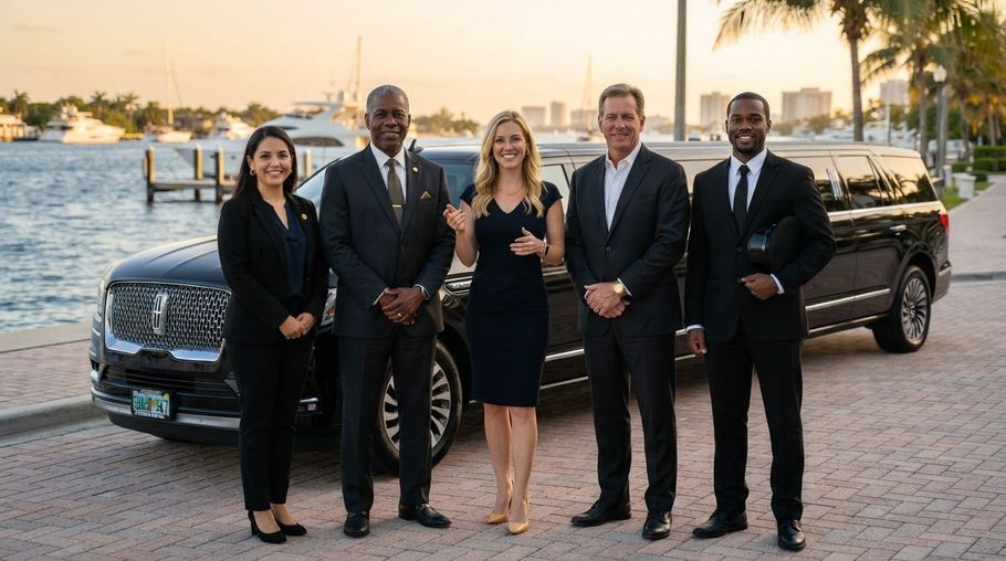 Five professionally dressed people stand beside a black limousine at sunset near the water.