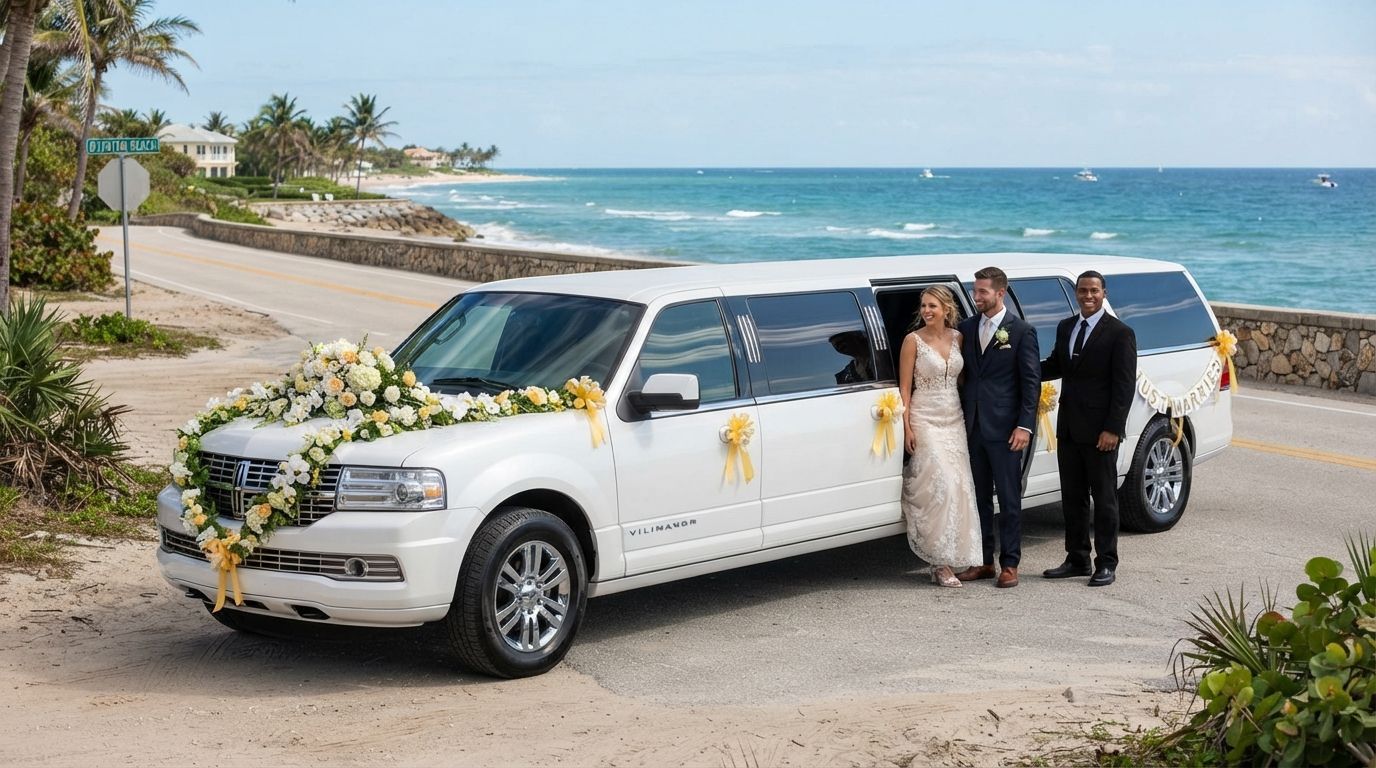 Wedding couple and guests standing beside a white limousine on a beach road by the ocean