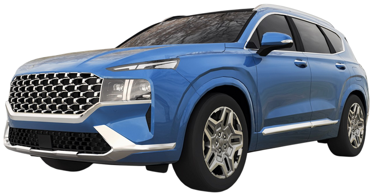 SUV blu visto frontalmente di tre quarti su sfondo bianco.