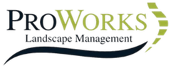 ProWorks Landscape Management logo with black text, green accents, and a curved dark line.