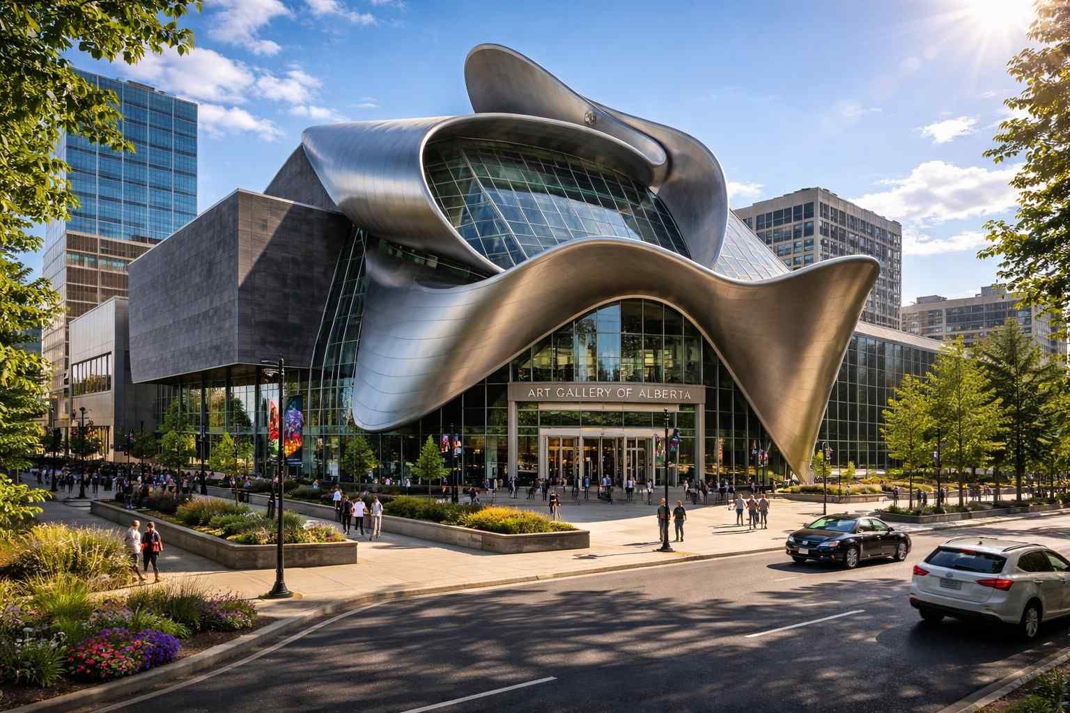 The Art Gallery of Alberta in Edmonton, featuring a distinctive, wave-like, metallic stainless steel roof.