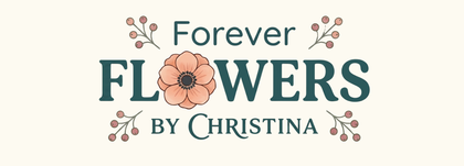 Logo reading “Forever Flowers by Christina” with a peach flower icon and teal text on a light background